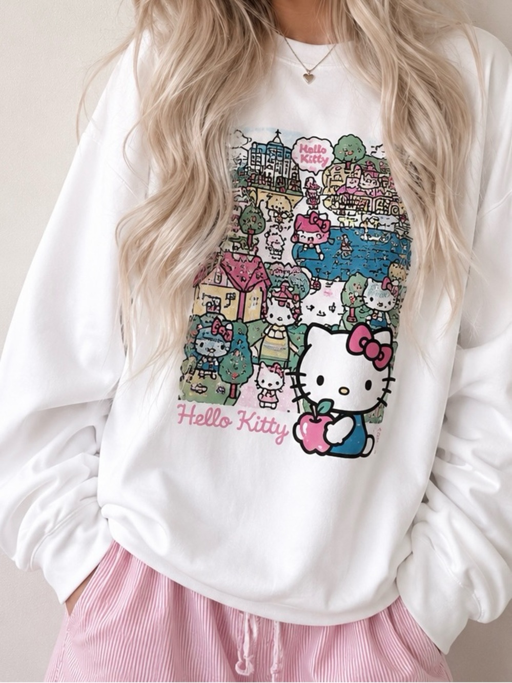 Hello Kitty by Sanrio White Sweatshirt with Pink & Blue Graphic XL